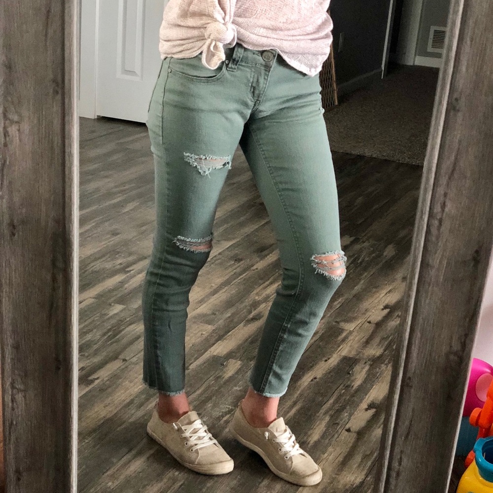Cute olive green distressed jeans